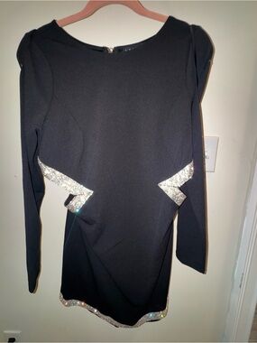 Trixxi Black Long Sleeve Backless Dress with Silver Sequin Accents